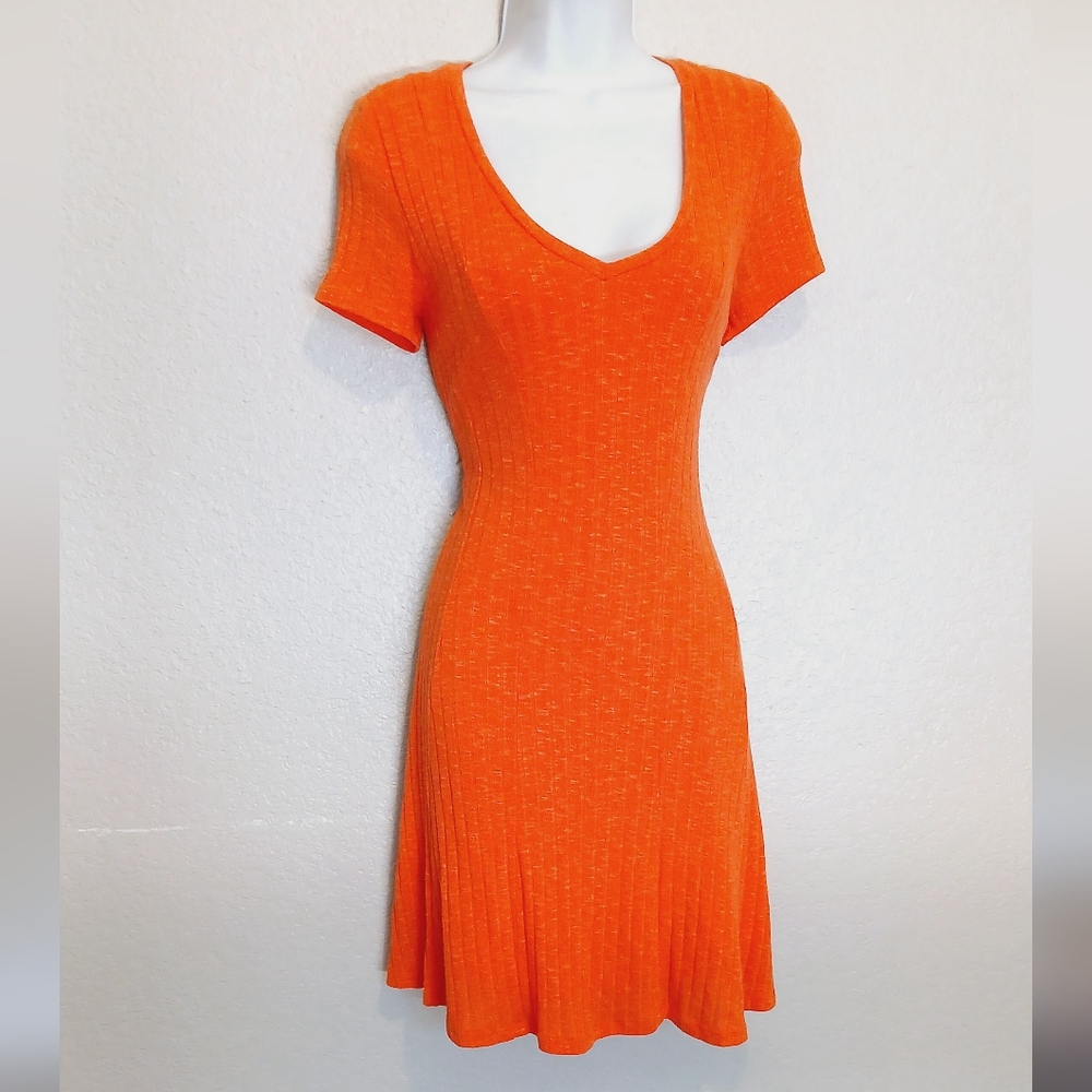 Anthropologie × Dolan Left Coast Ribbed Fit & Flare Dress in Tangerine Size S - Picture 4 of 8